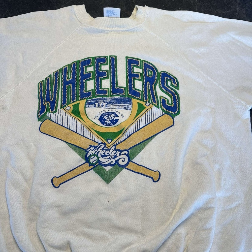 Tultex White and Green Crewneck Sweater with Vintage Baseball Graphic